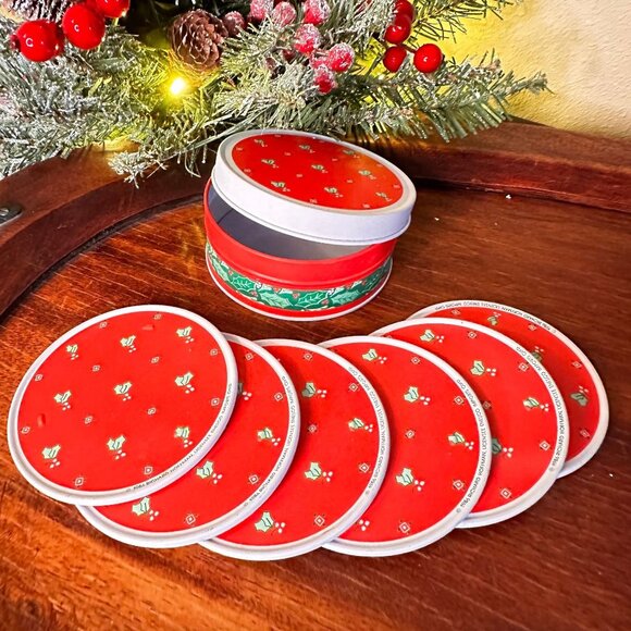Vintage Enesco Christmas Coaster Set with Tin Holder Retro Holiday Drinkware - Picture 1 of 6